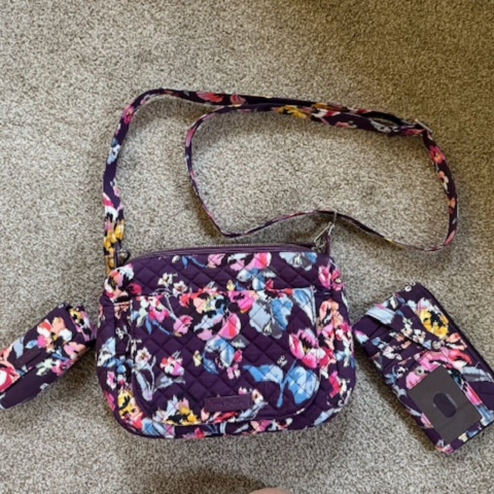 Vera Bradley Indiana Rose Carson Mini Shoulder Bag & Wallet $ Lipstick case